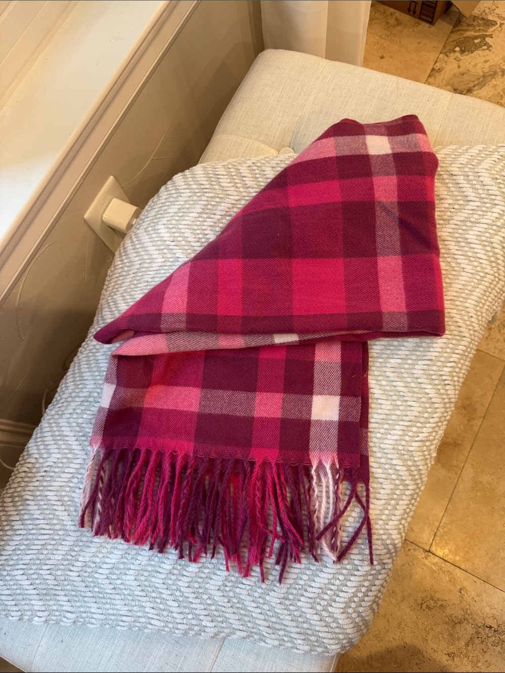 Steve Madden Pink & Magenta Plaid Fringe Scarf